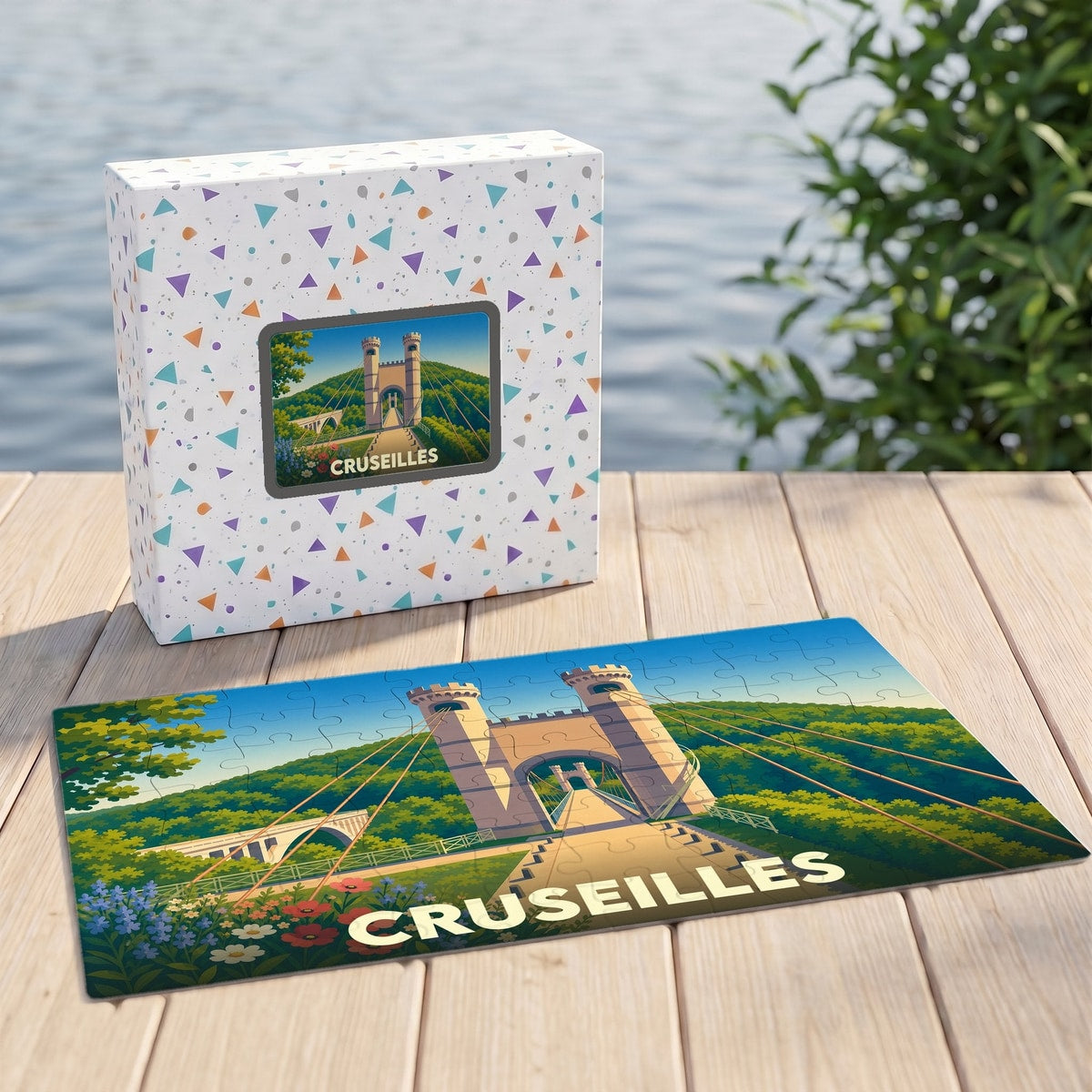 Puzzle souvenir de la ville de Cruseilles avec une illustration stylisée de son pont emblématique.