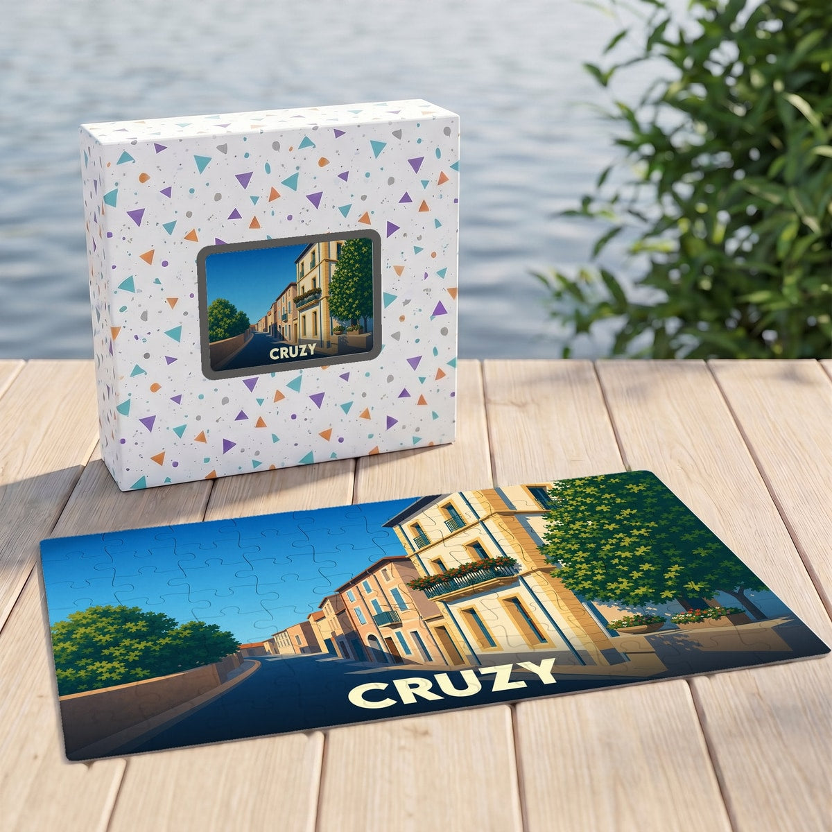 Puzzle souvenir de la ville de Cruzy avec une illustration stylisée d'une rue ensoleillée.