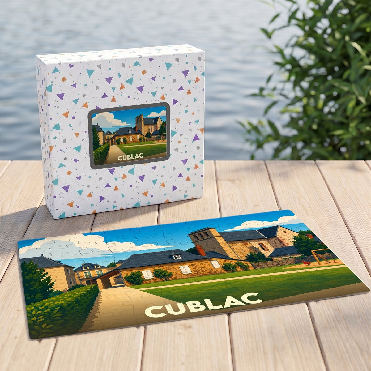 Puzzle souvenir de la ville de Cublac avec une illustration stylisée de son église et de ses maisons.