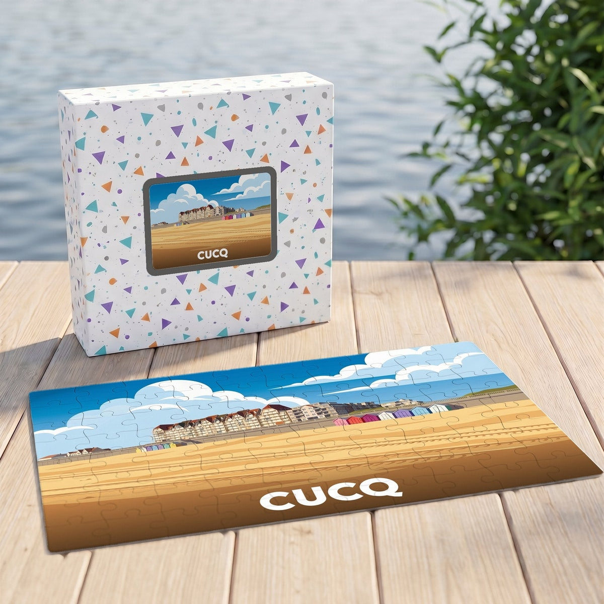 Puzzle souvenir de la ville de Cucq représentant une plage illustrée dans un style graphique épuré.