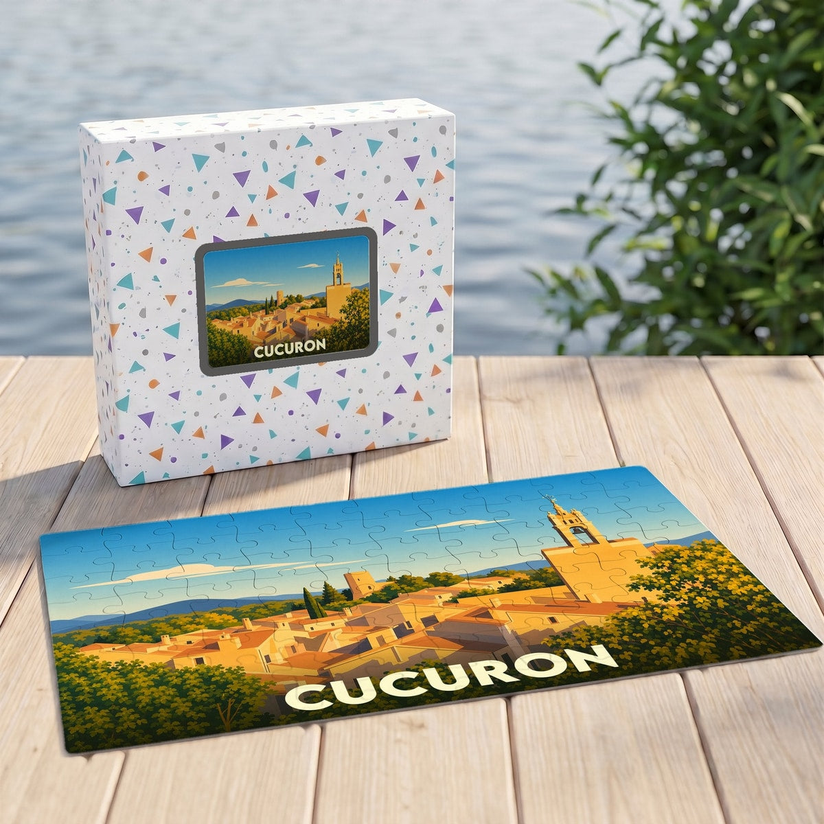 Puzzle souvenir de la ville de Cucuron avec une illustration stylisée d'un paysage provençal.