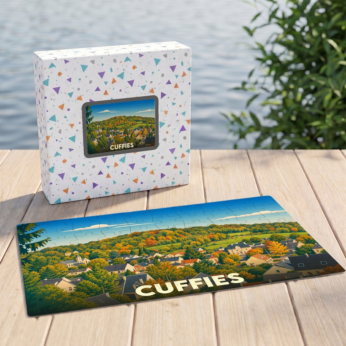 Puzzle souvenir de la ville de Cuffies avec une illustration paysagère colorée.