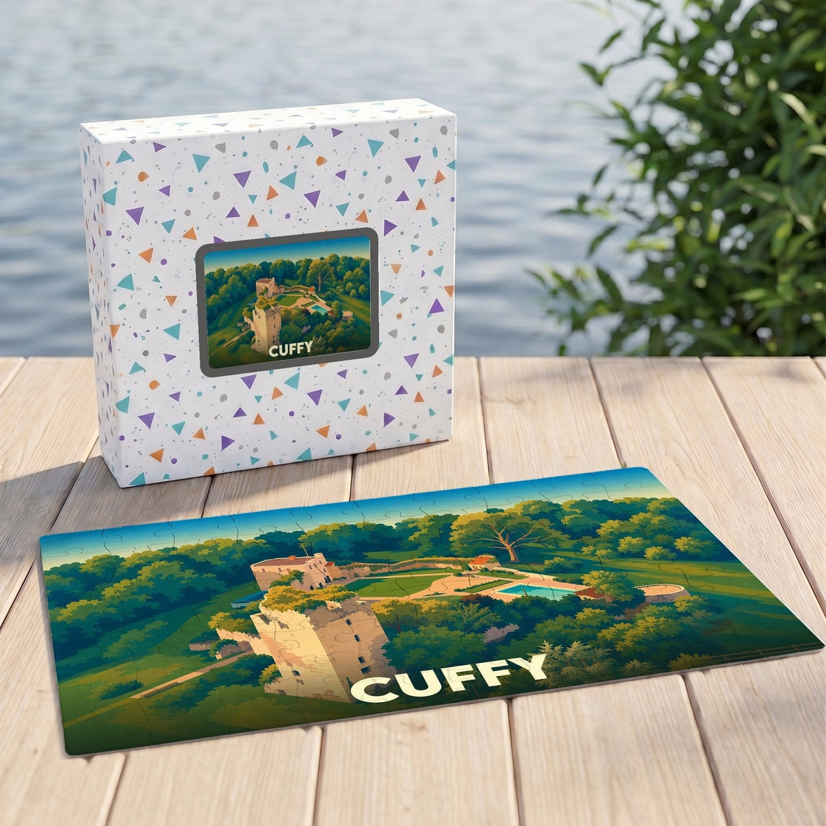 Puzzle souvenir de la ville de Cuffy avec une illustration stylisée de son patrimoine.