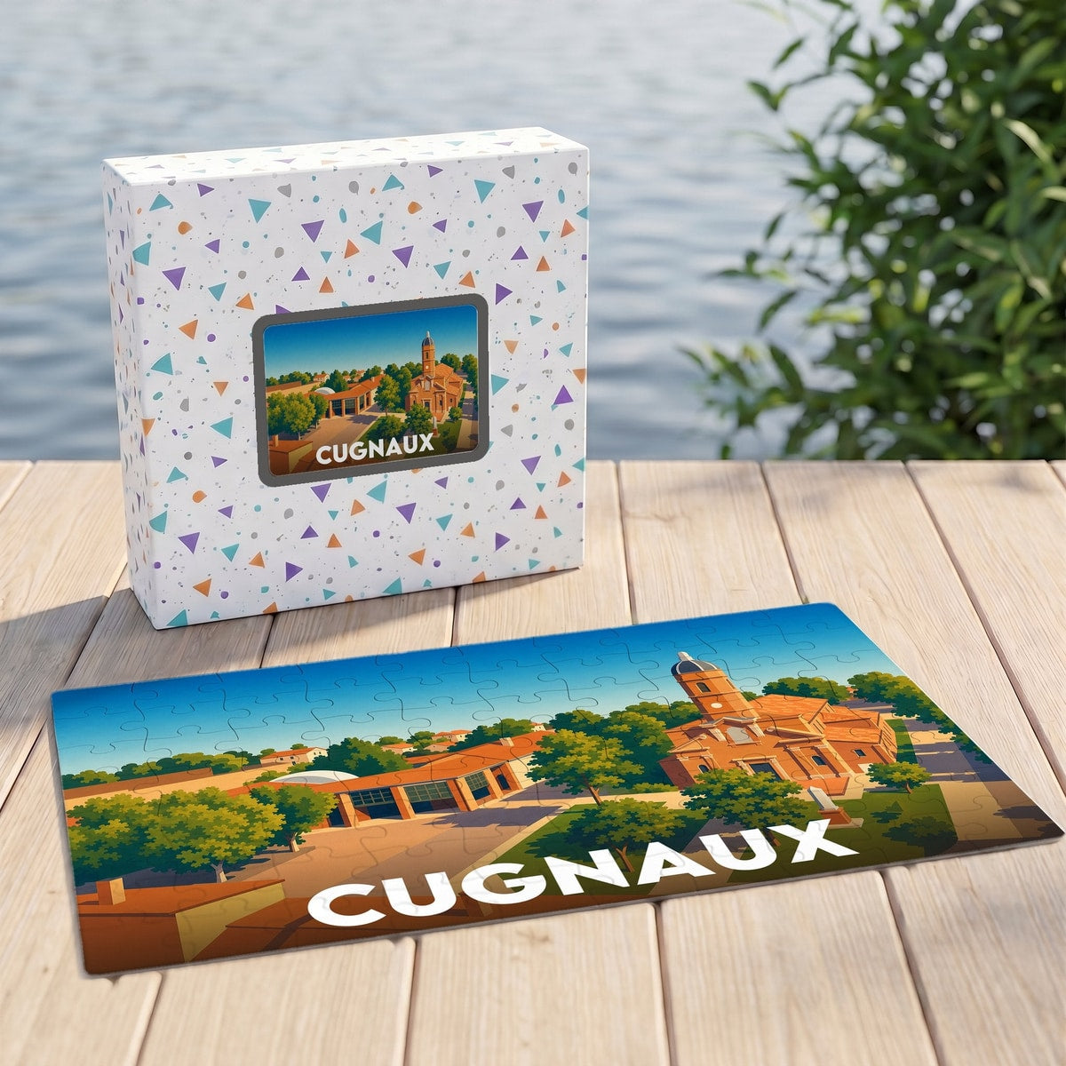 Puzzle souvenir de la ville de Cugnaux avec une illustration stylisée et colorée.