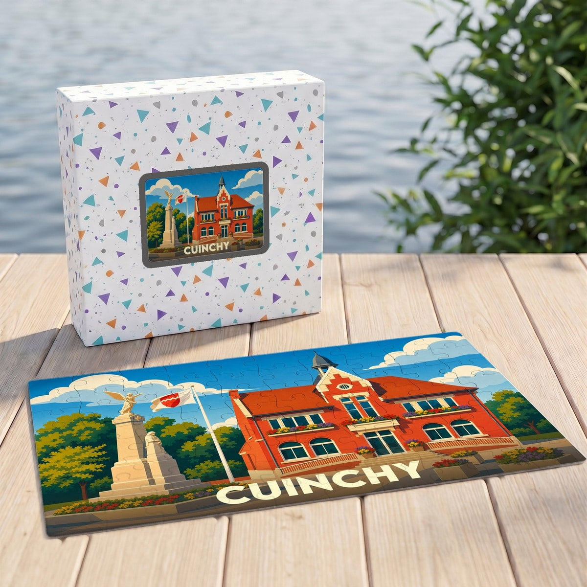 Puzzle souvenir de la ville de Cuinchy avec une illustration stylisée de sa mairie et de son monument aux morts.