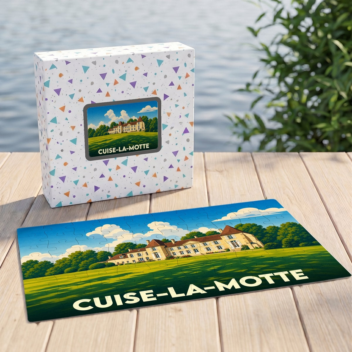 Puzzle souvenir de la ville de Cuise-la-Motte représentant un château dans un paysage verdoyant.