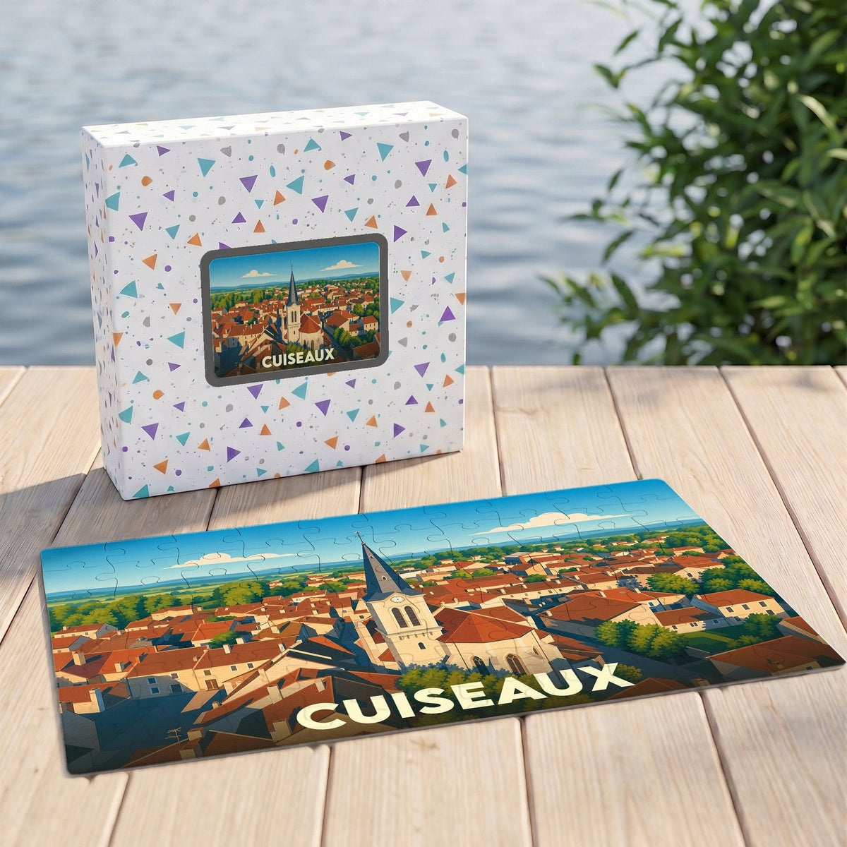 Puzzle souvenir de la ville de Cuiseaux illustrant son centre historique avec une vue panoramique stylisée.