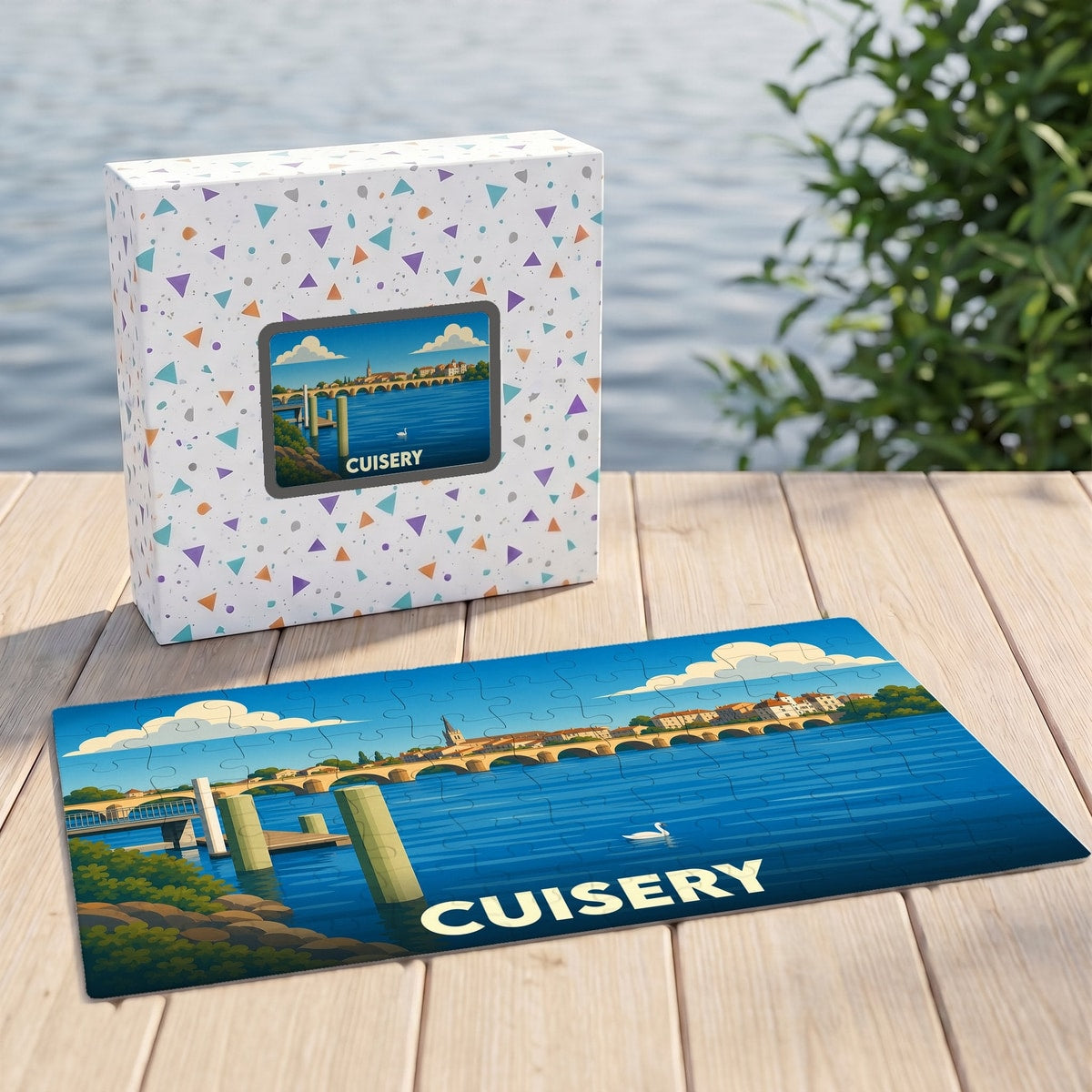 Puzzle souvenir de la ville de Cuisery présentant une illustration stylisée d'un paysage de bord de l'eau.