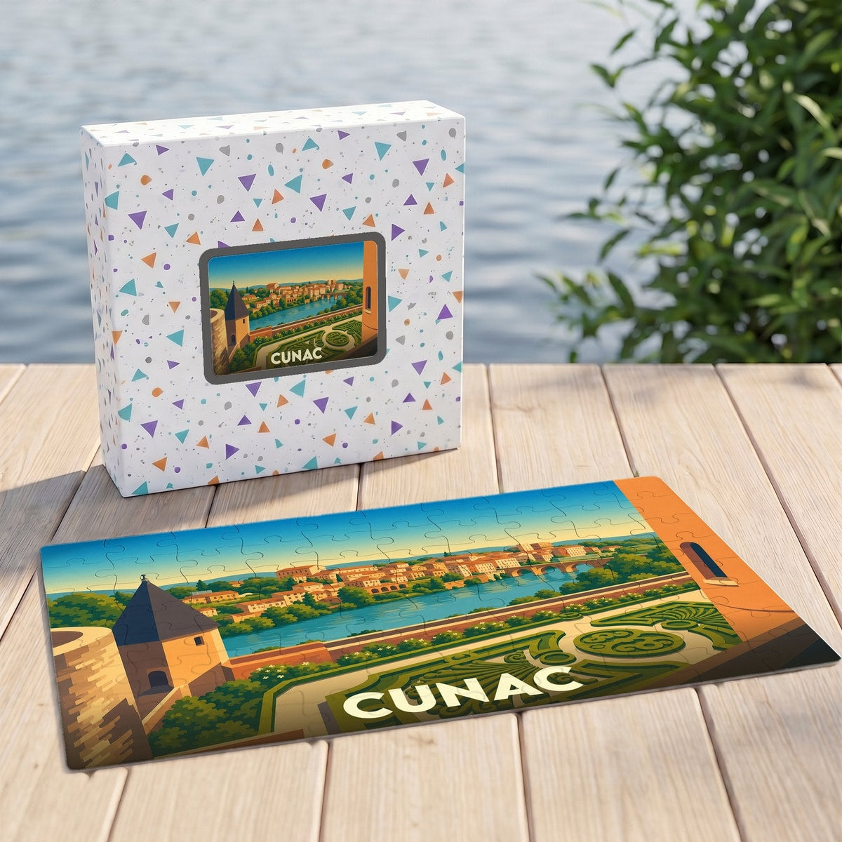 Puzzle souvenir de la ville de Cunac avec une illustration stylisée d'un paysage urbain au bord de l'eau.