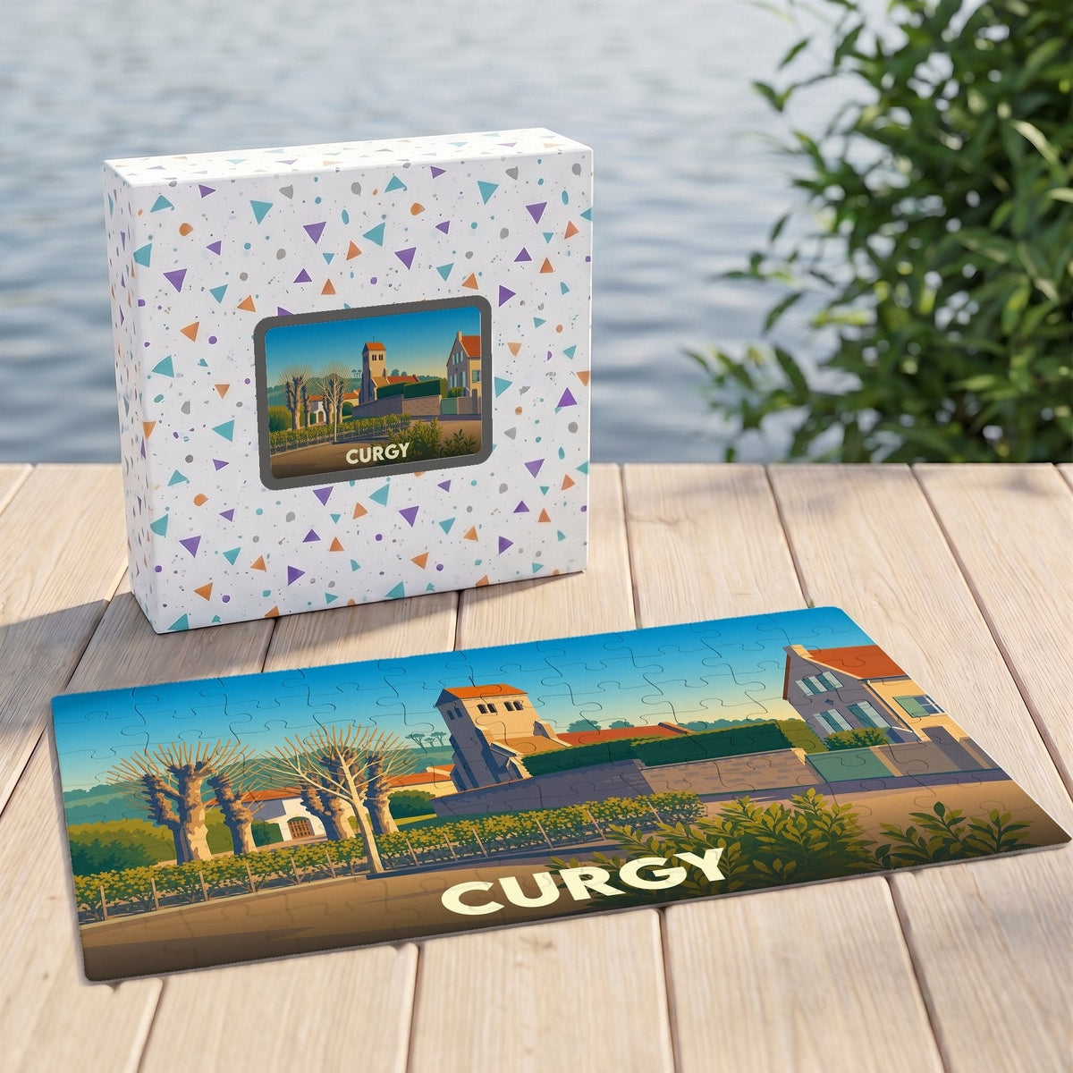 Puzzle souvenir de la ville de Curgy avec une illustration stylisée de son paysage.