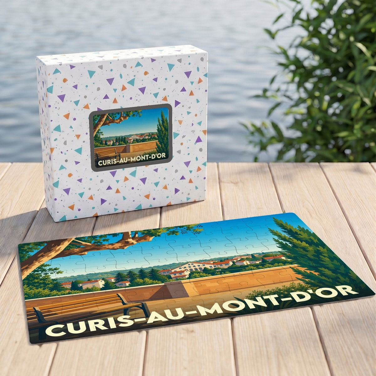 Puzzle souvenir de la ville de Curis-au-Mont-d'Or avec une illustration stylisée et colorée d'un paysage local.