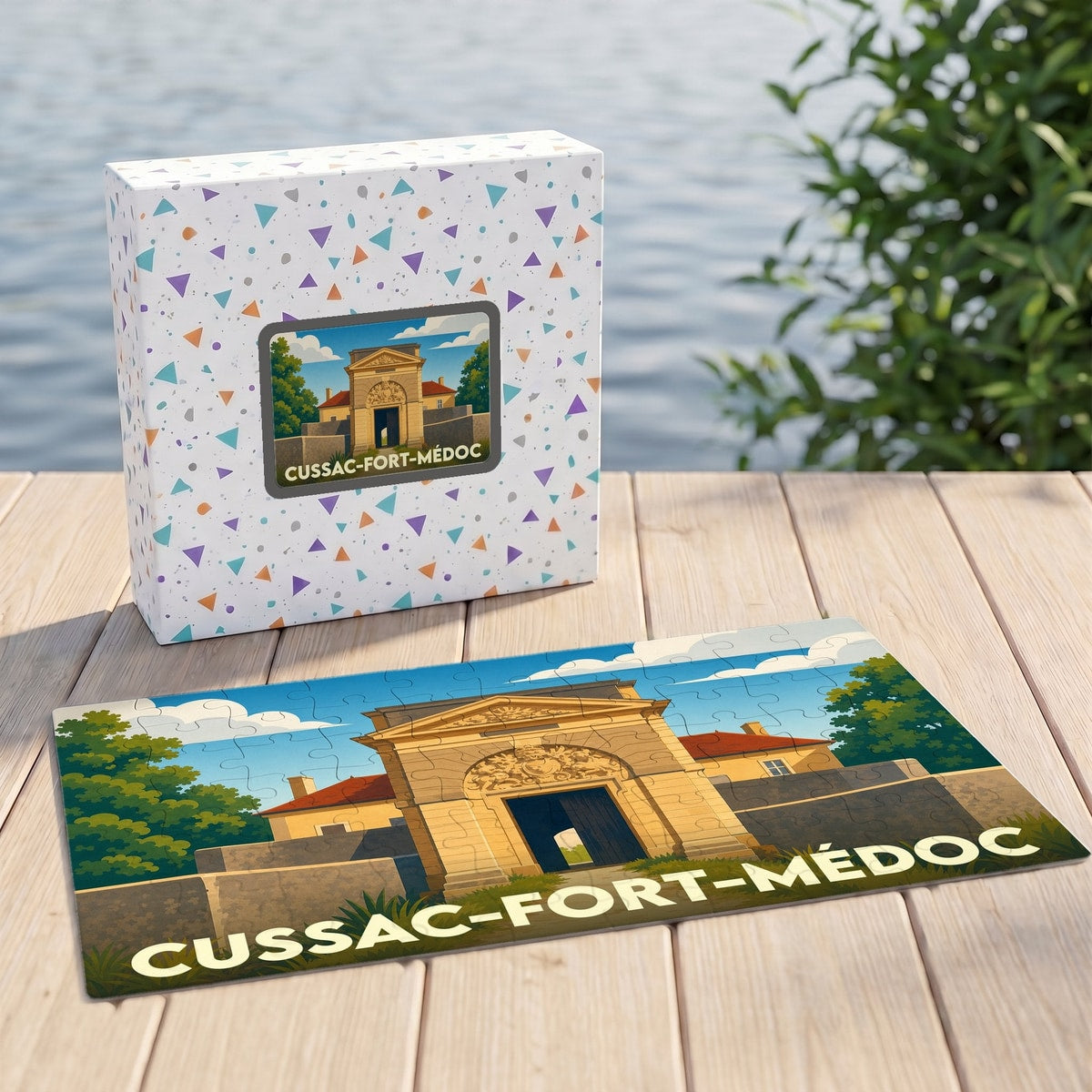 Puzzle souvenir de la ville de Cussac-Fort-Médoc avec une illustration stylisée de son fort historique.