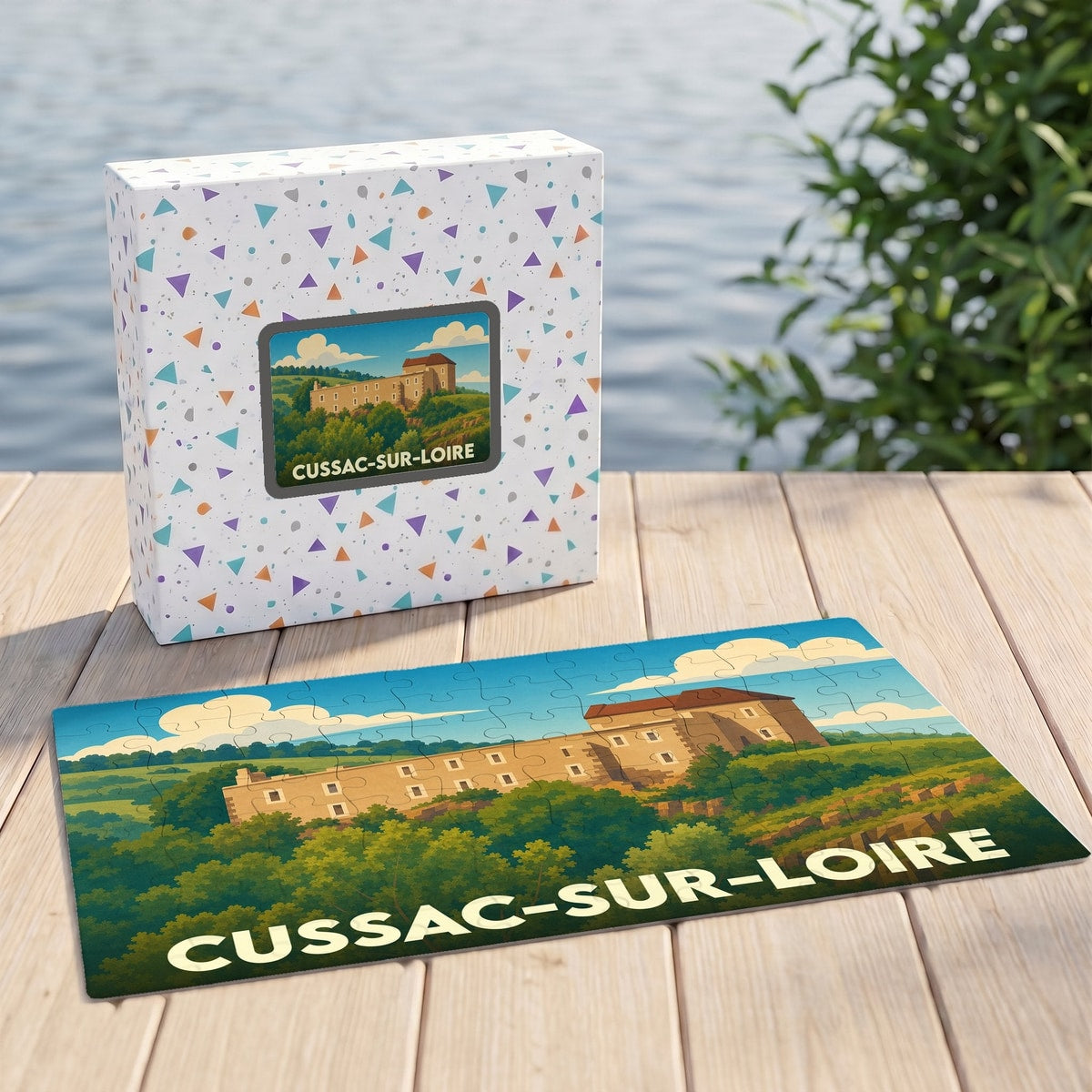 Puzzle souvenir de la ville de Cussac-sur-Loire avec une illustration stylisée de son paysage et de son château.