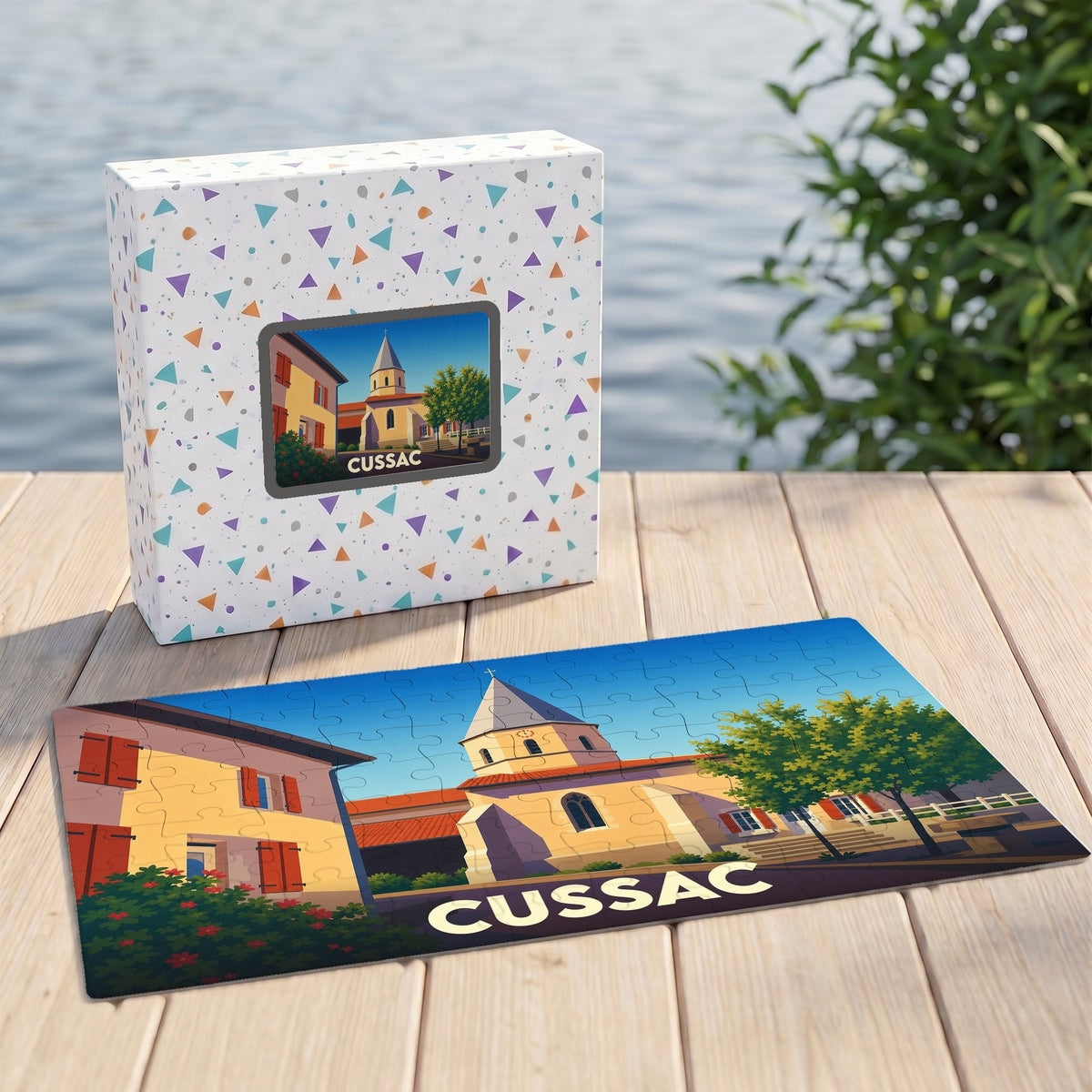 Puzzle souvenir de la ville de Cussac avec une illustration stylisée.