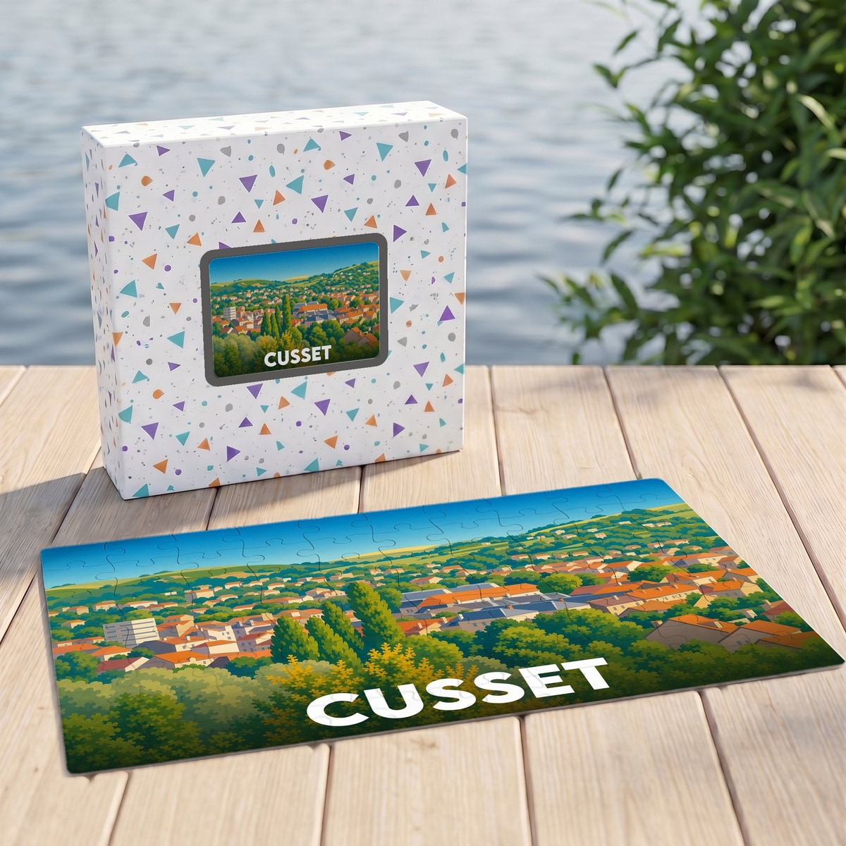 Puzzle souvenir de la ville de Cusset avec une illustration stylisée de son paysage urbain.