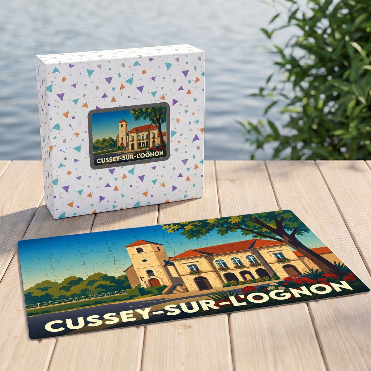 Puzzle souvenir de la ville de Cussey-sur-l'Ognon illustré par un paysage architectural stylisé.