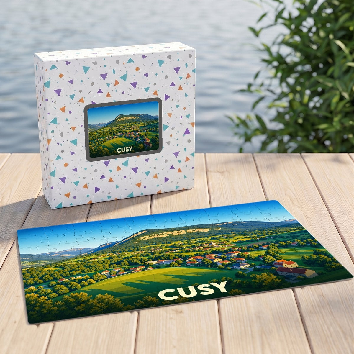 Puzzle souvenir de la ville de Cusy représentant un paysage rural verdoyant.