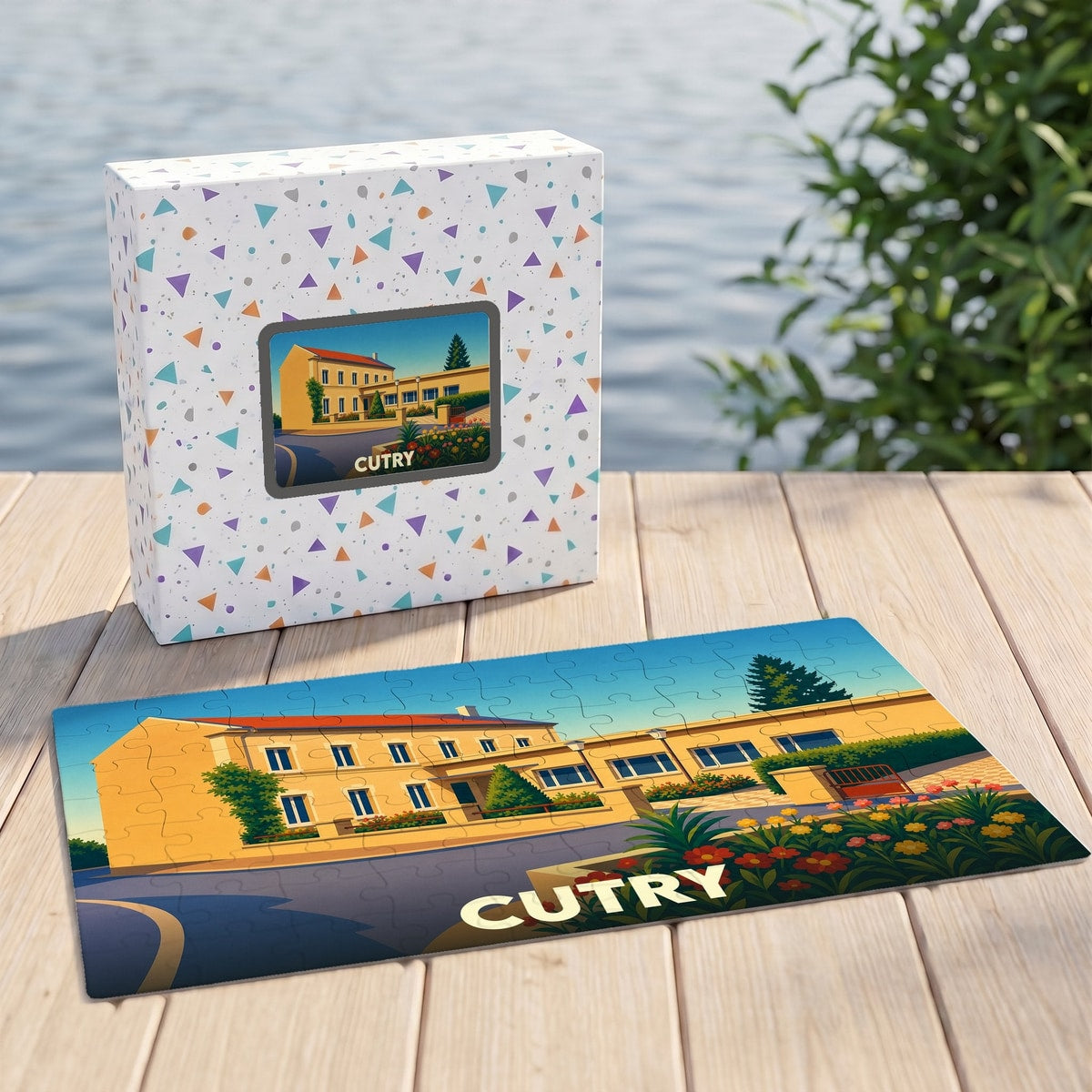 Puzzle souvenir de la ville de Cutry avec une illustration stylisée d'un bâtiment ensoleillé.