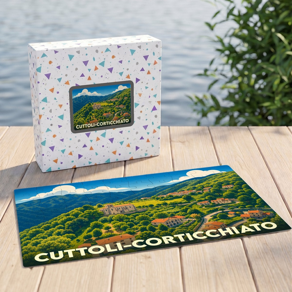Puzzle souvenir de la ville de Cuttoli-Corticchiato avec une illustration stylisée de son paysage vallonné.