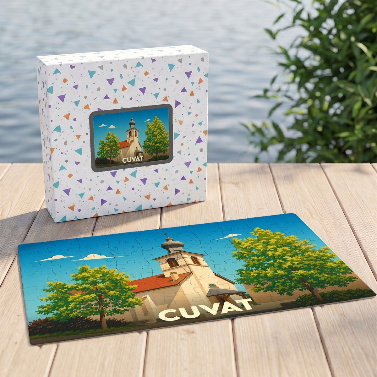 Puzzle souvenir de la ville de Cuvat avec une illustration stylisée de son église.