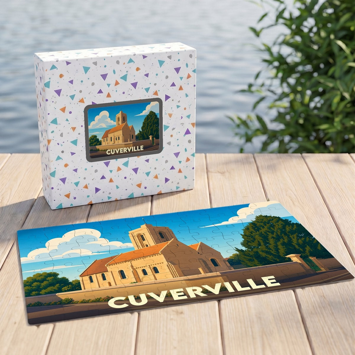 Puzzle souvenir de la ville de Cuverville avec une illustration stylisée d'une église sous un ciel bleu.