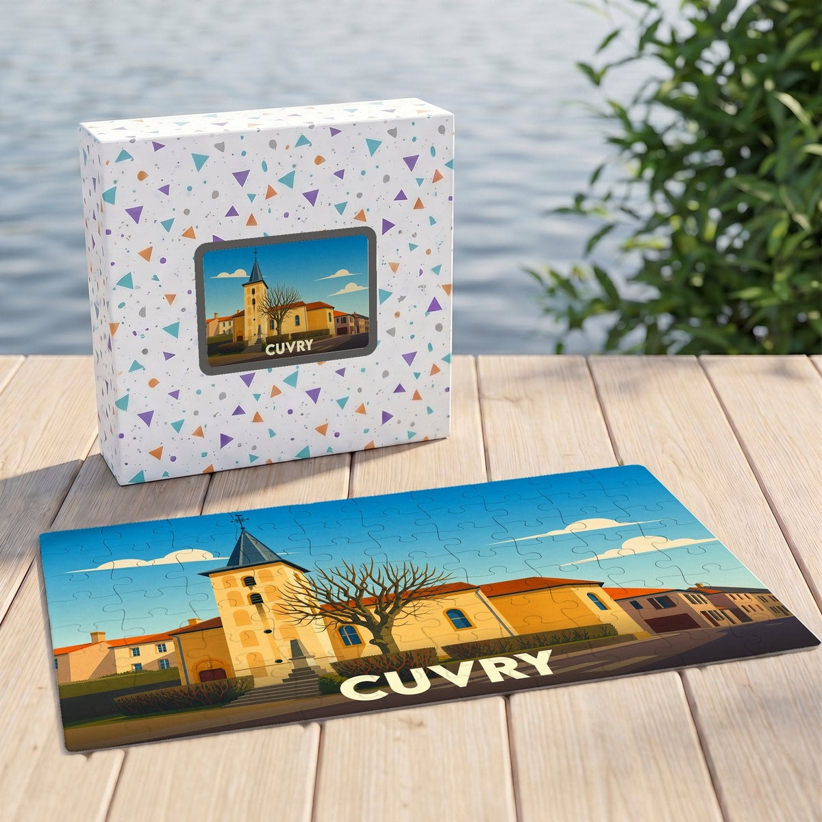 Puzzle souvenir de la ville de Cuvry avec une illustration stylisée.