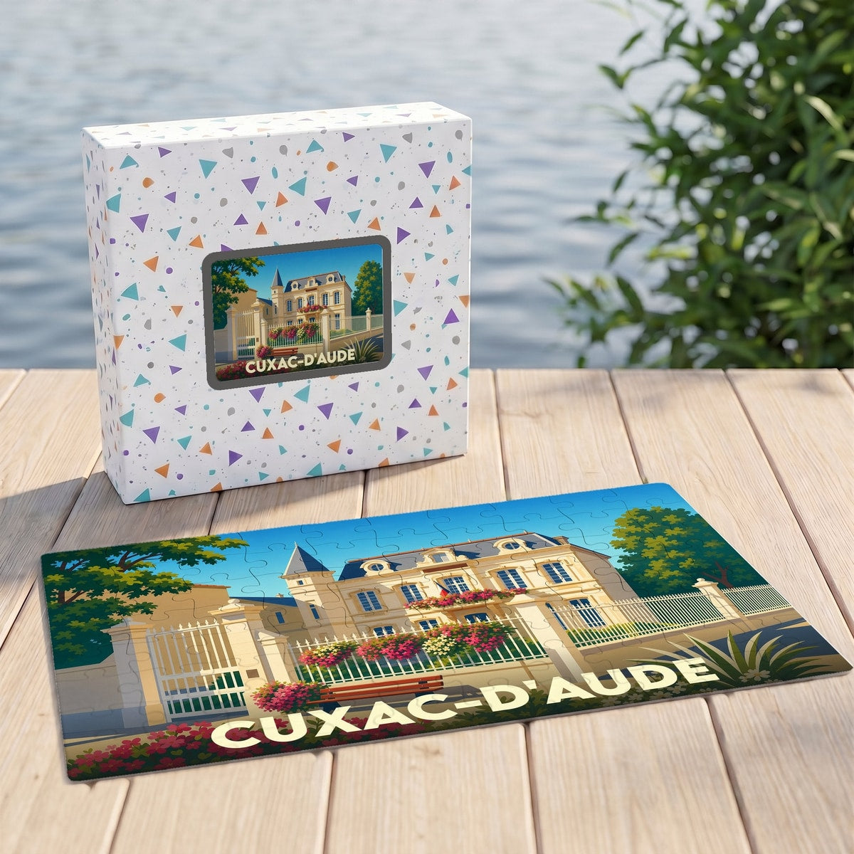 Puzzle souvenir de la ville de Cuxac-d'Aude avec une illustration stylisée d'un château fleuri.