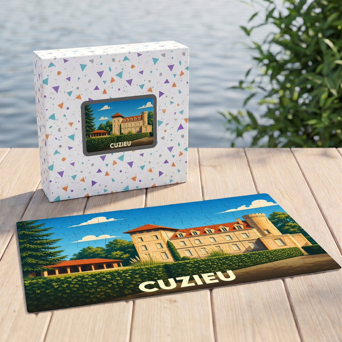 Puzzle souvenir de la ville de Cuzieu avec une illustration stylisée d'un château.