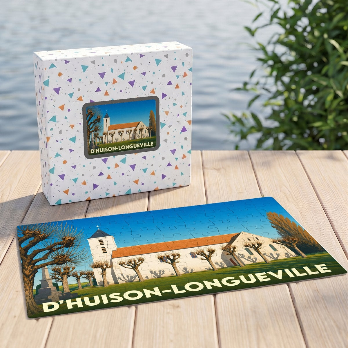 Puzzle souvenir de la ville de D'Huison-Longueville avec une illustration stylisée de son église.