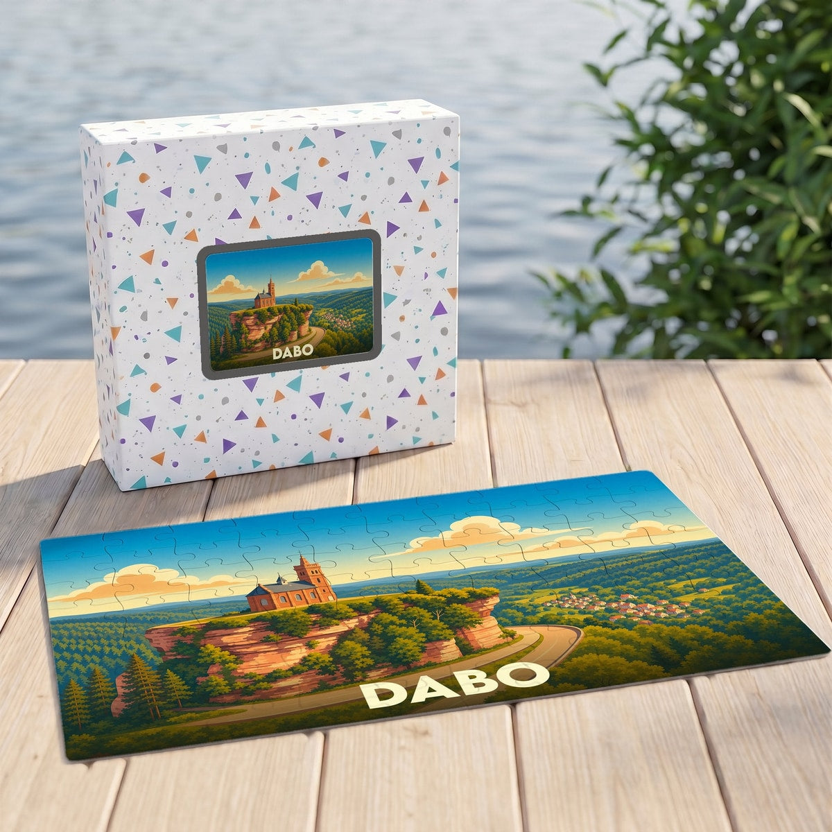 Puzzle souvenir de la ville de Dabo représentant sa célèbre chapelle sur son rocher avec une illustration stylisée.