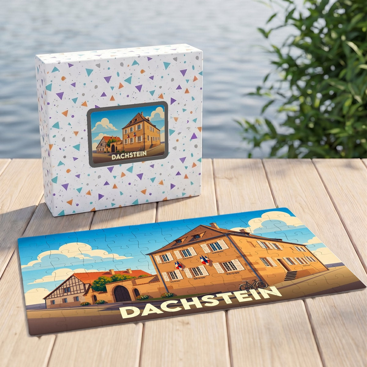 Puzzle souvenir de la ville de Dachstein avec une illustration stylisée d'un bâtiment historique.
