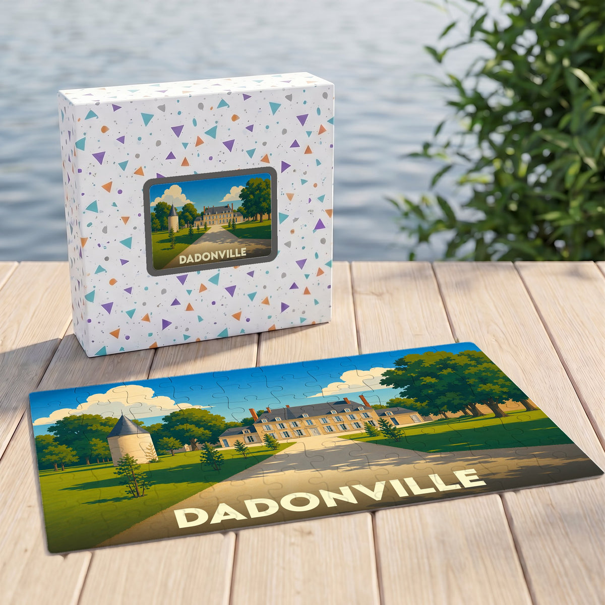 Puzzle souvenir de la ville de Dadonville avec une illustration stylisée de son château.