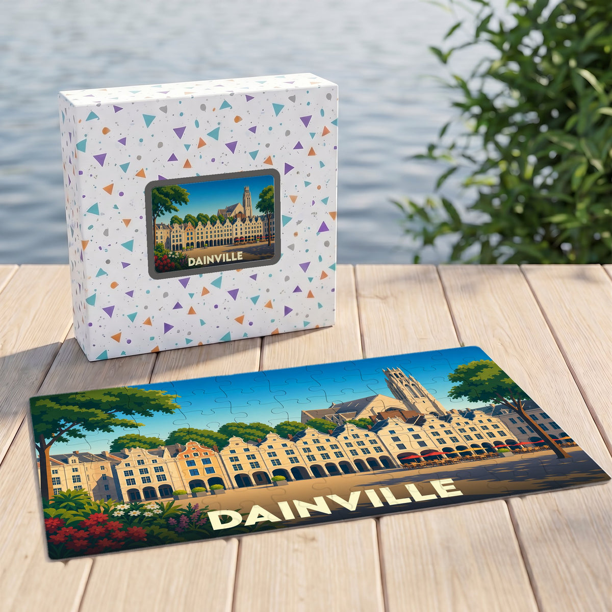 Puzzle souvenir de la ville de Dainville avec une illustration panoramique stylisée.