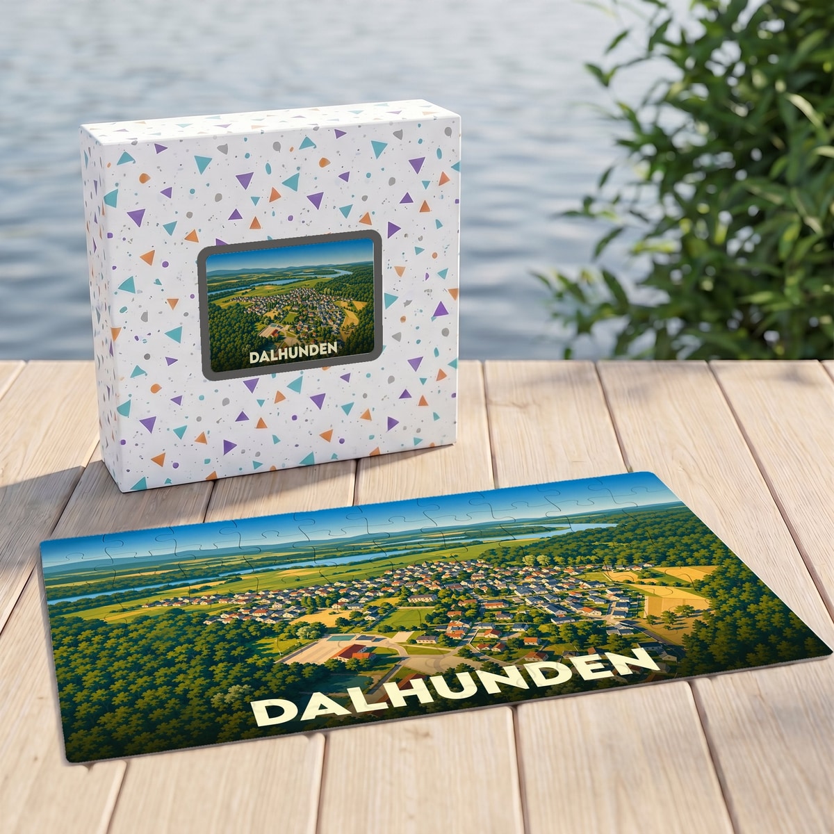 Puzzle souvenir de la ville de Dalhunden illustrant un paysage aérien stylisé.