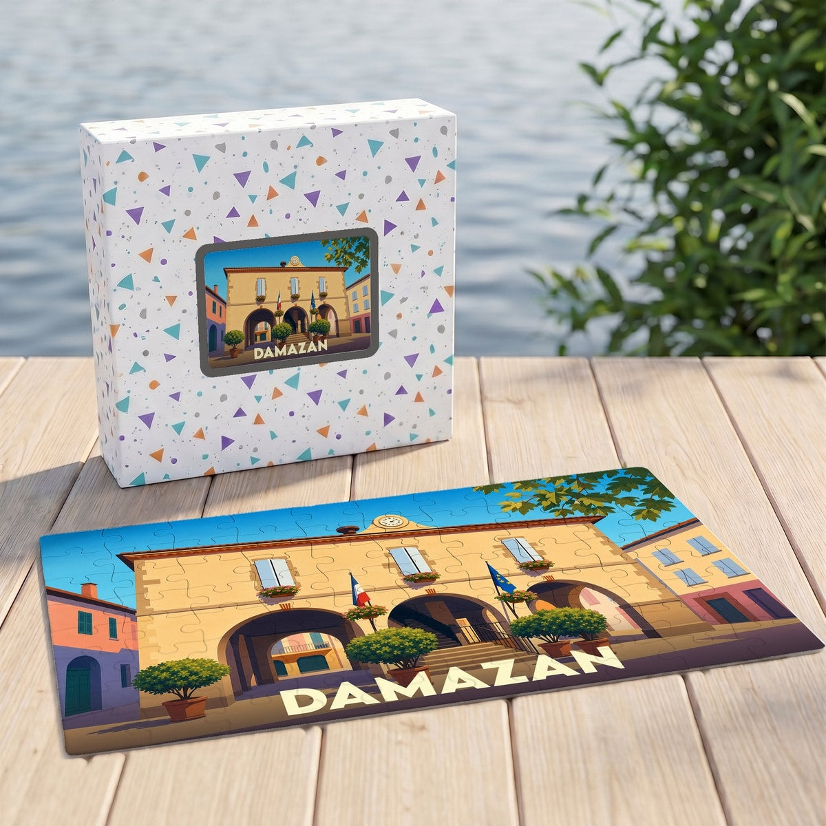 Puzzle souvenir de la ville de Damazan présentant une illustration stylisée de sa mairie.