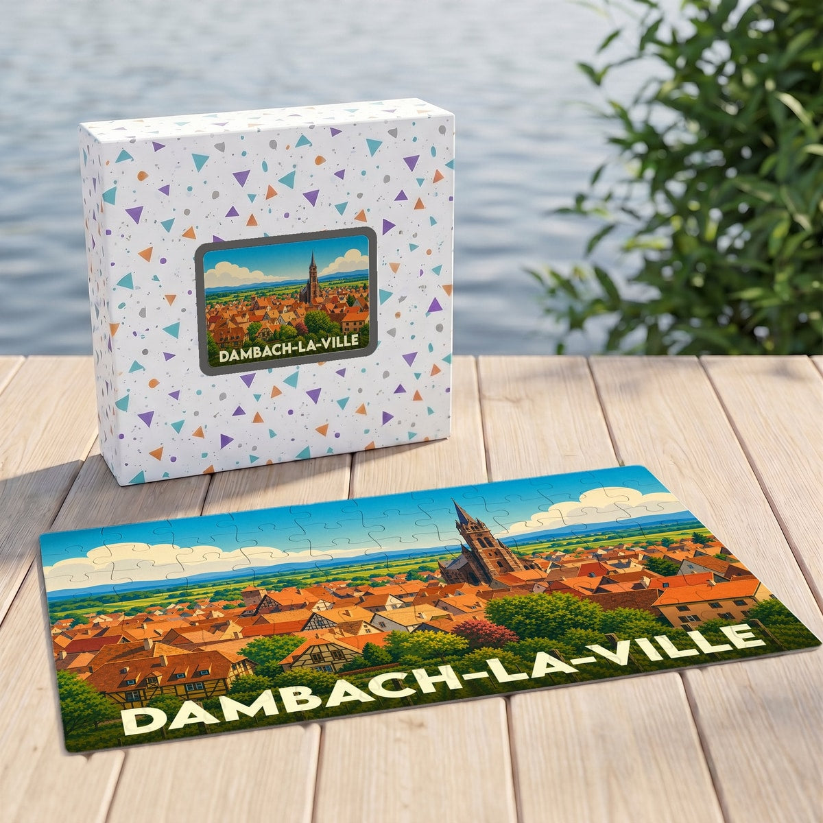 Puzzle souvenir de Dambach-la-Ville présentant une vue panoramique illustrée de la cité médiévale.
