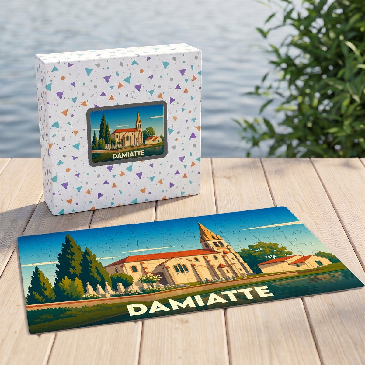 Puzzle souvenir de la ville de Damiatte avec une illustration stylisée d'une église au bord de l'eau.