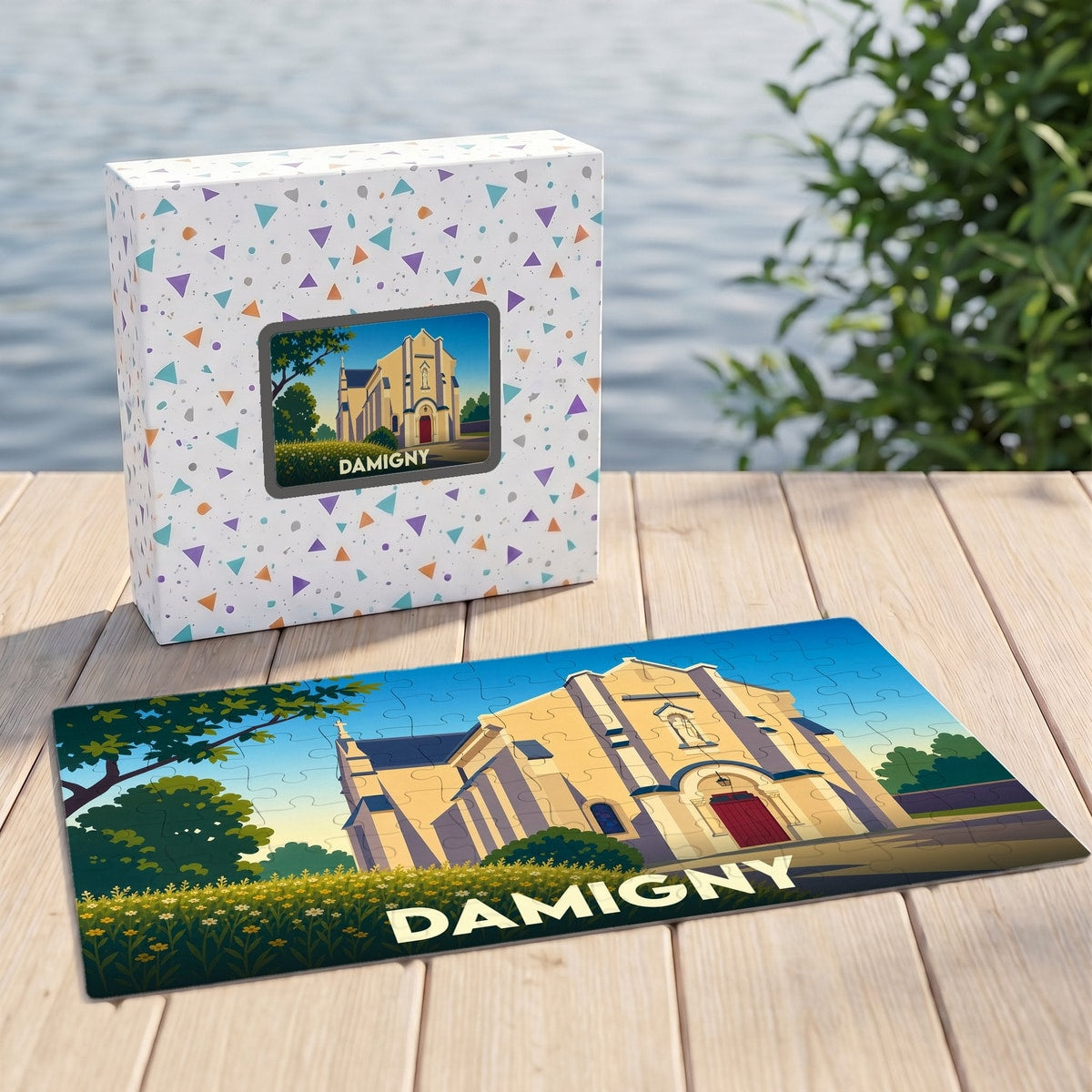 Puzzle souvenir de la ville de Damigny avec une illustration stylisée de son église.