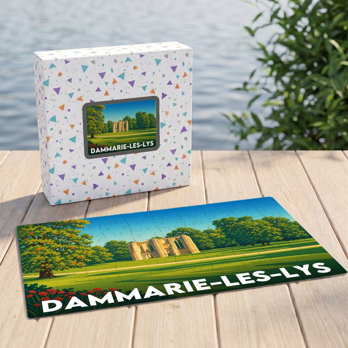 Puzzle souvenir de la ville de Dammarie-les-Lys avec une illustration stylisée des ruines de l'abbaye du Lys.