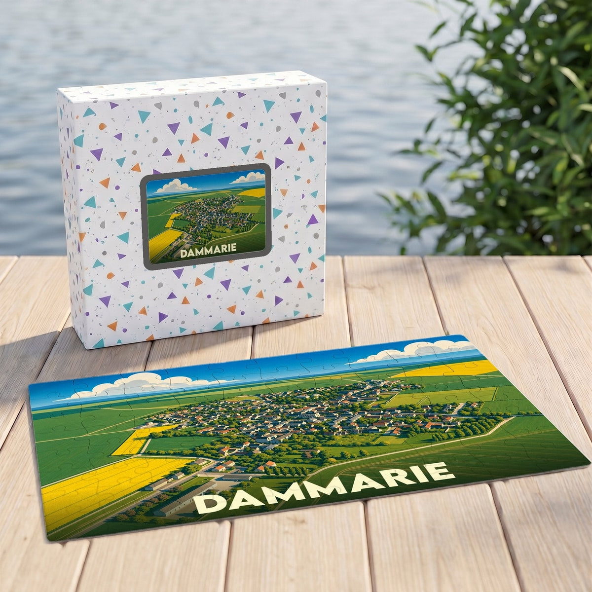 Puzzle souvenir de la ville de Dammarie avec une illustration aérienne colorée.