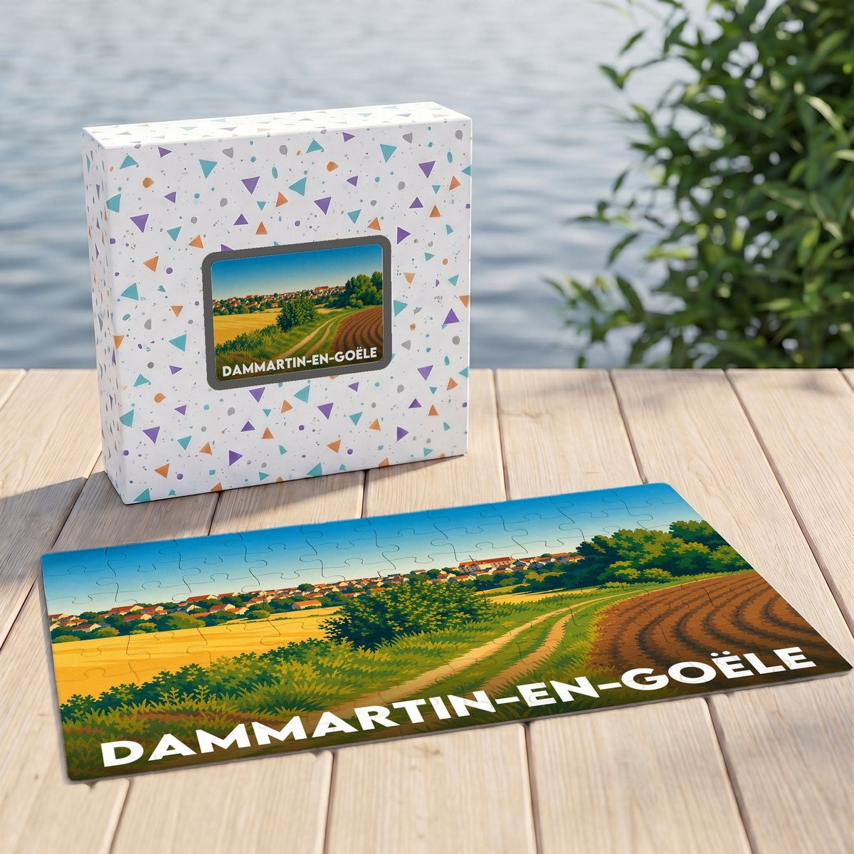 Puzzle souvenir de la ville de Dammartin-en-Goële avec une illustration stylisée de son paysage rural.