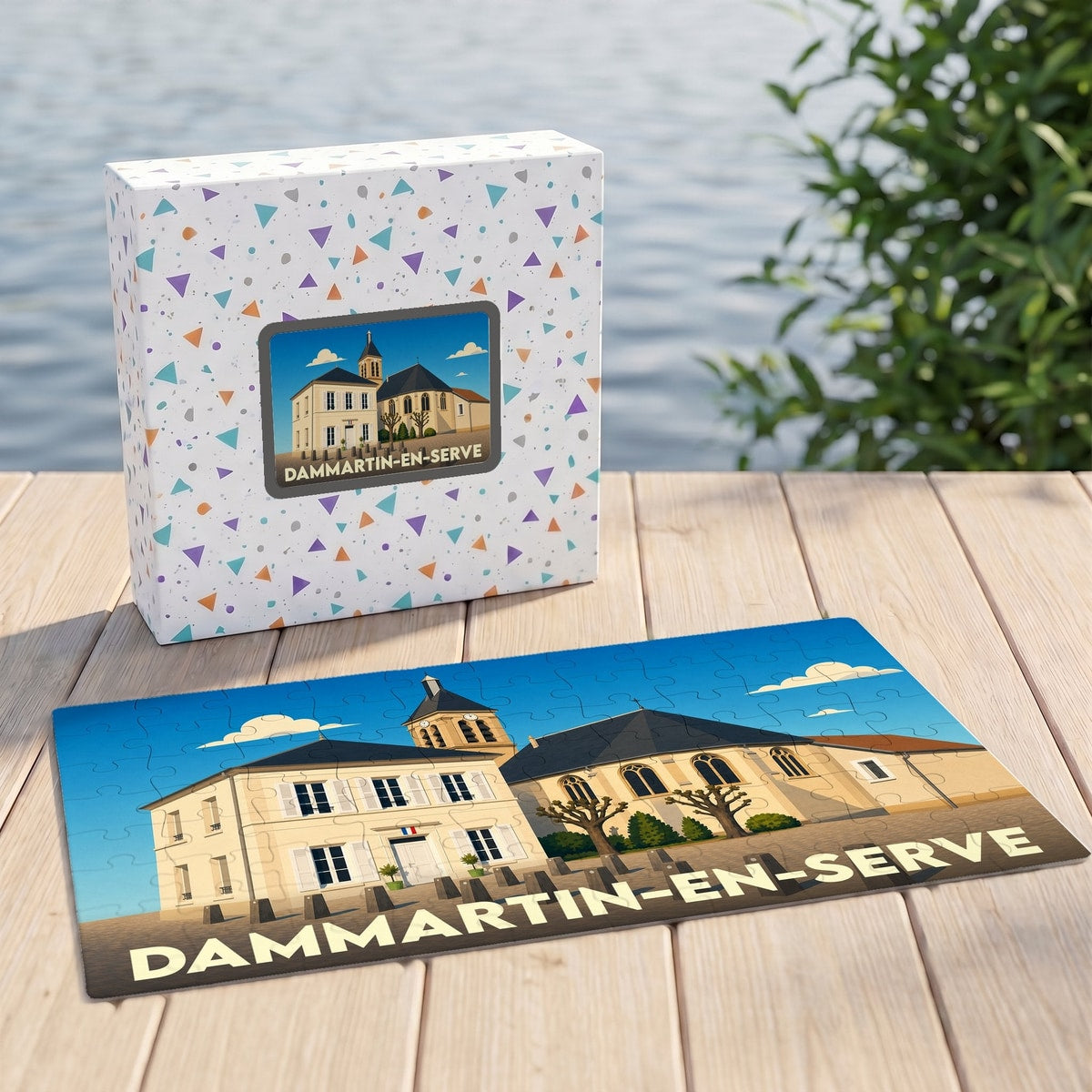 Puzzle souvenir de la ville de Dammartin-en-Serve avec une illustration stylisée et sa boîte assortie.