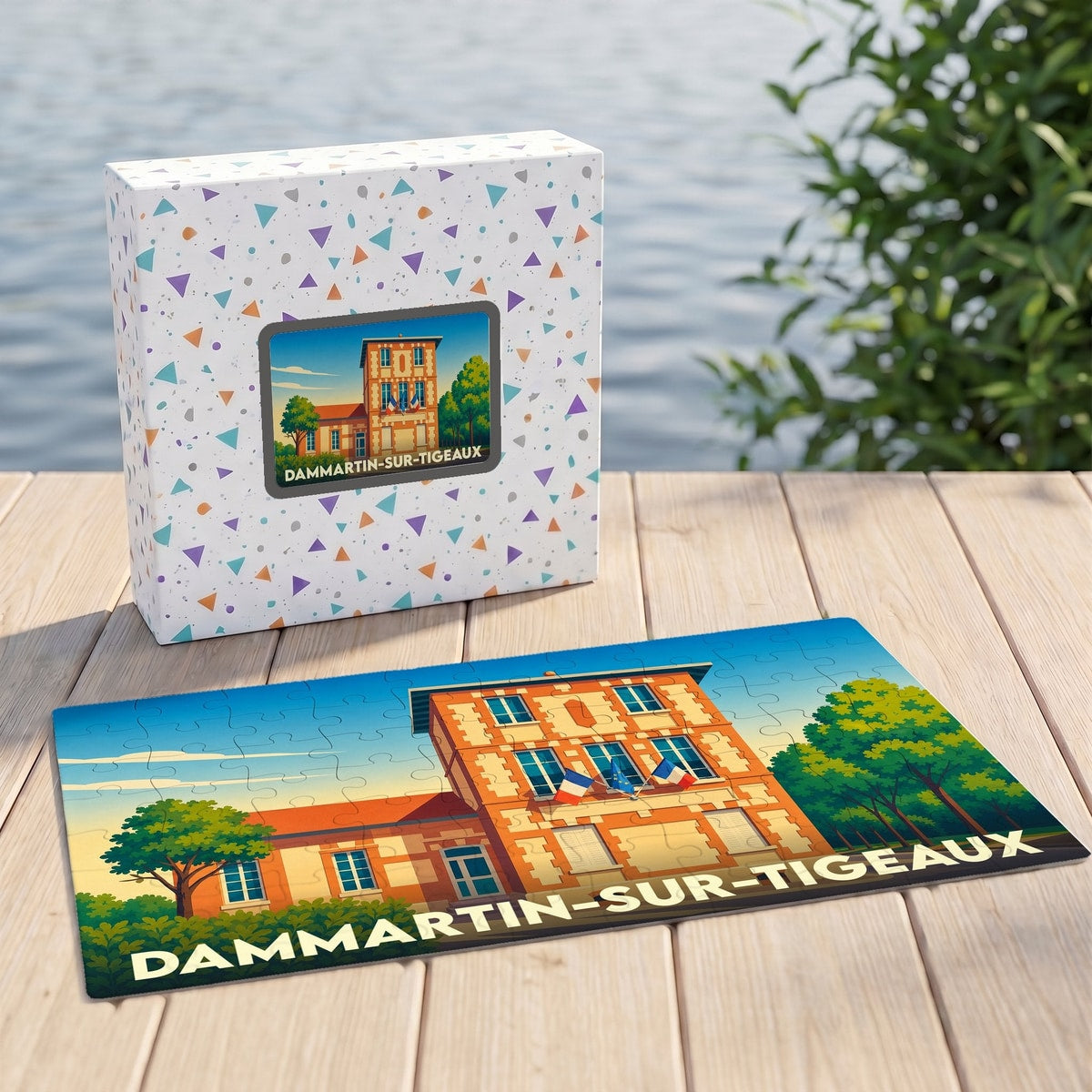 Puzzle souvenir de la ville de Dammartin-sur-Tigeaux avec une illustration stylisée de sa mairie.