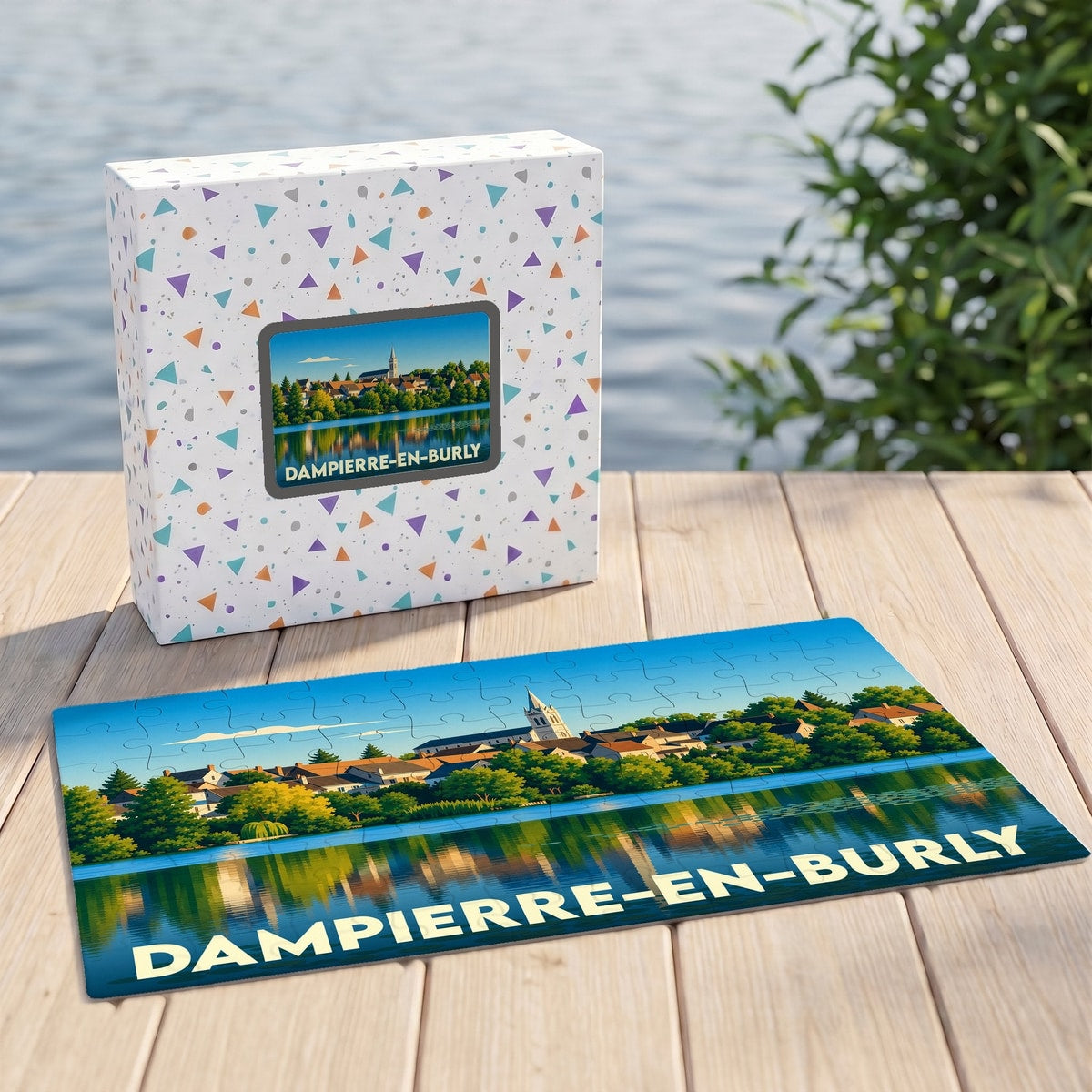 Puzzle souvenir de la ville de Dampierre-en-Burly avec son illustration stylisée et sa boîte assortie.