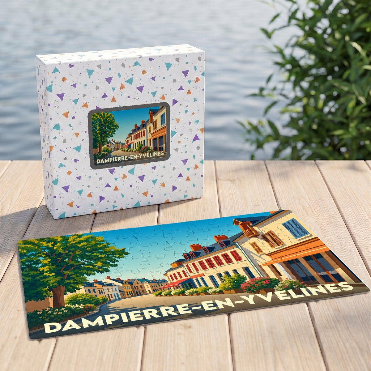 Puzzle souvenir de la ville de Dampierre-en-Yvelines avec une illustration stylisée.
