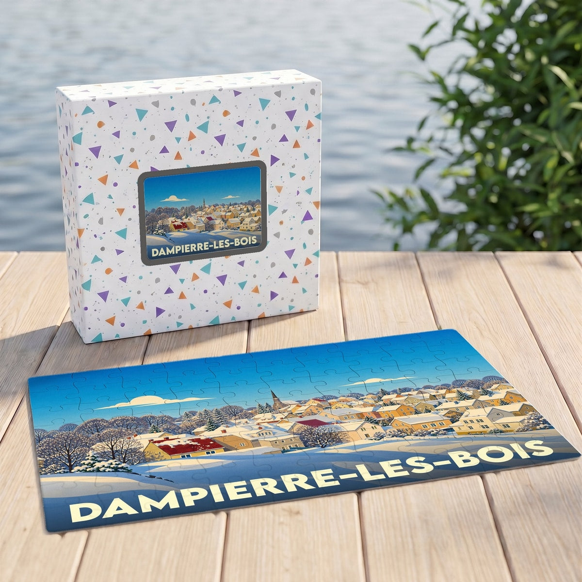 Puzzle souvenir de la ville de Dampierre-les-Bois illustrant un paysage enneigé et coloré.