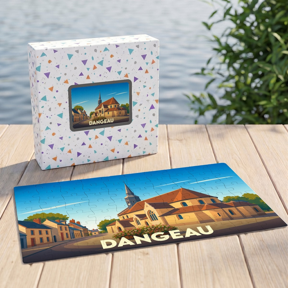 Puzzle souvenir de la ville de Dangeau avec une illustration stylisée d'une église et de maisons typiques.