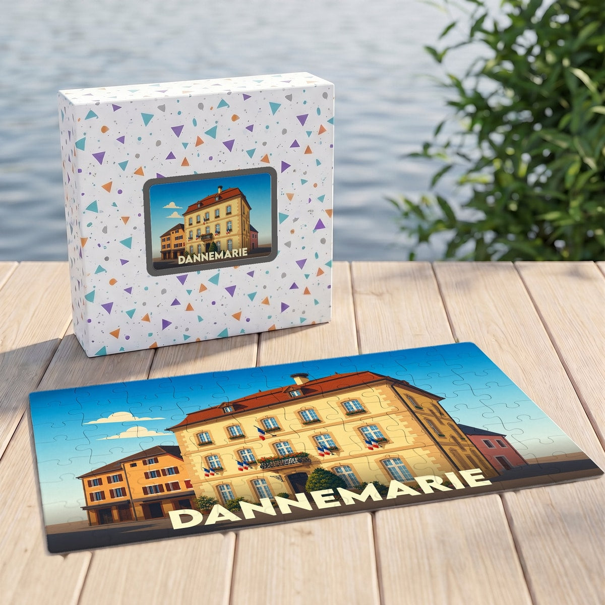Puzzle souvenir de la ville de Dannemarie avec une illustration stylisée d'un bâtiment historique.