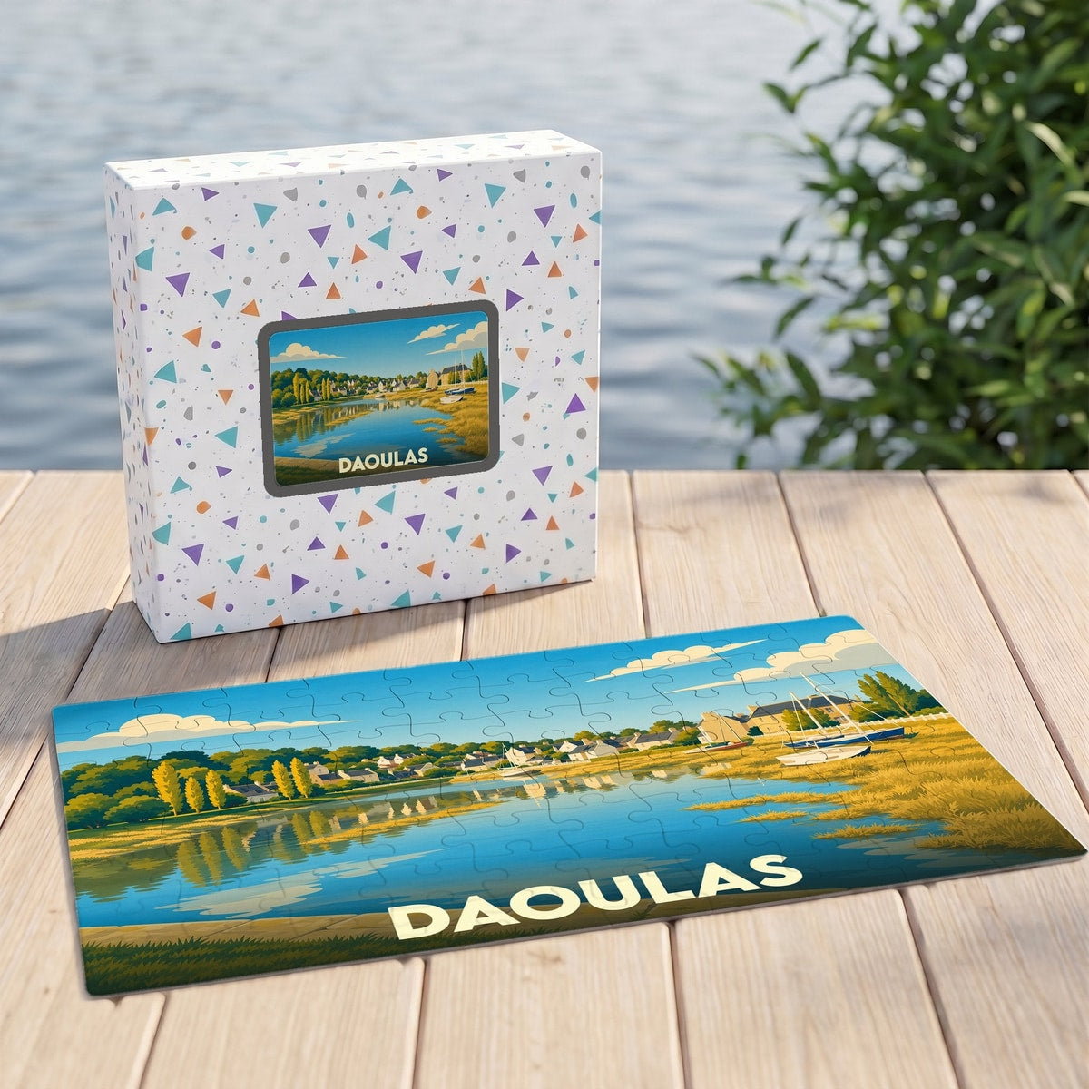 Puzzle souvenir de la ville de Daoulas avec une illustration stylisée et colorée.
