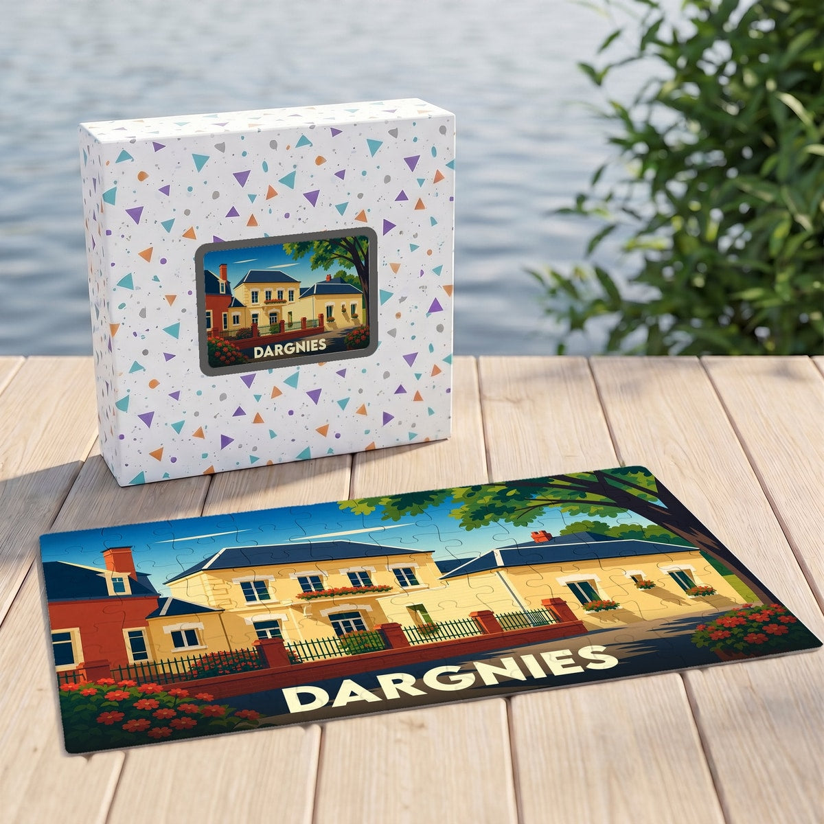 Puzzle souvenir de la ville de Dargnies présentant une illustration stylisée de maisons colorées.